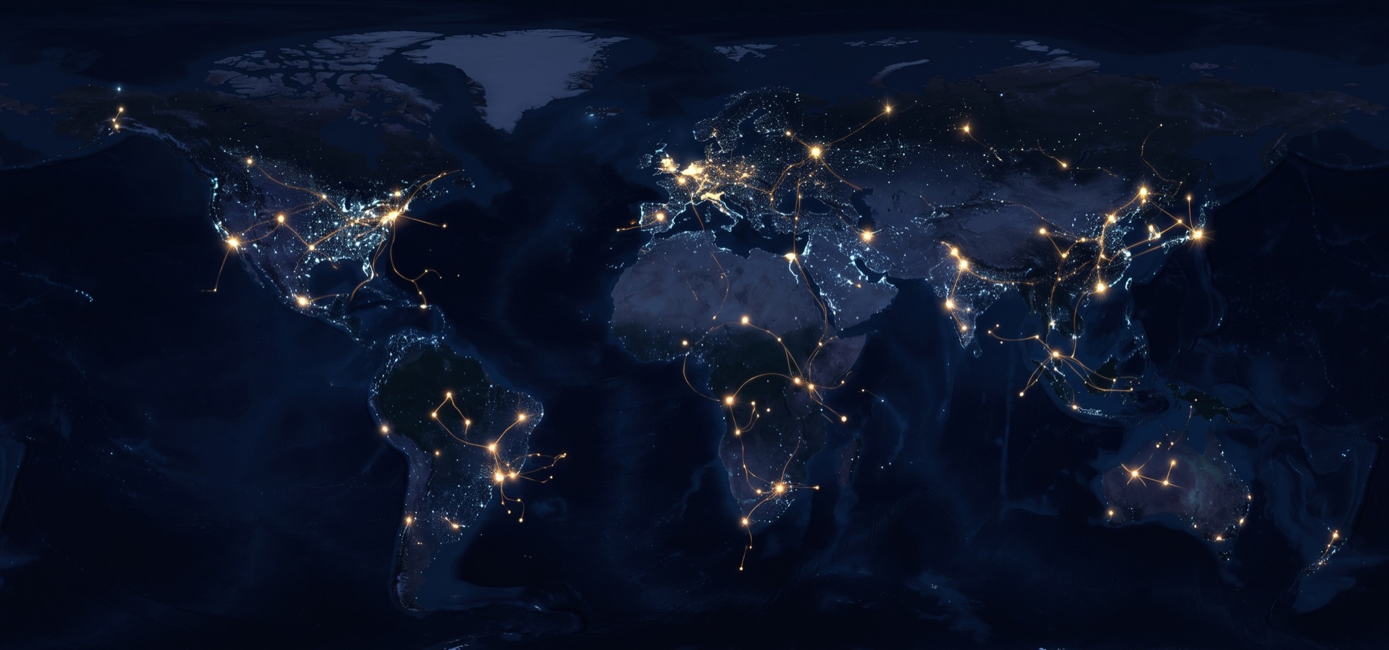 A world map at night, glowing points connected by golden threads.