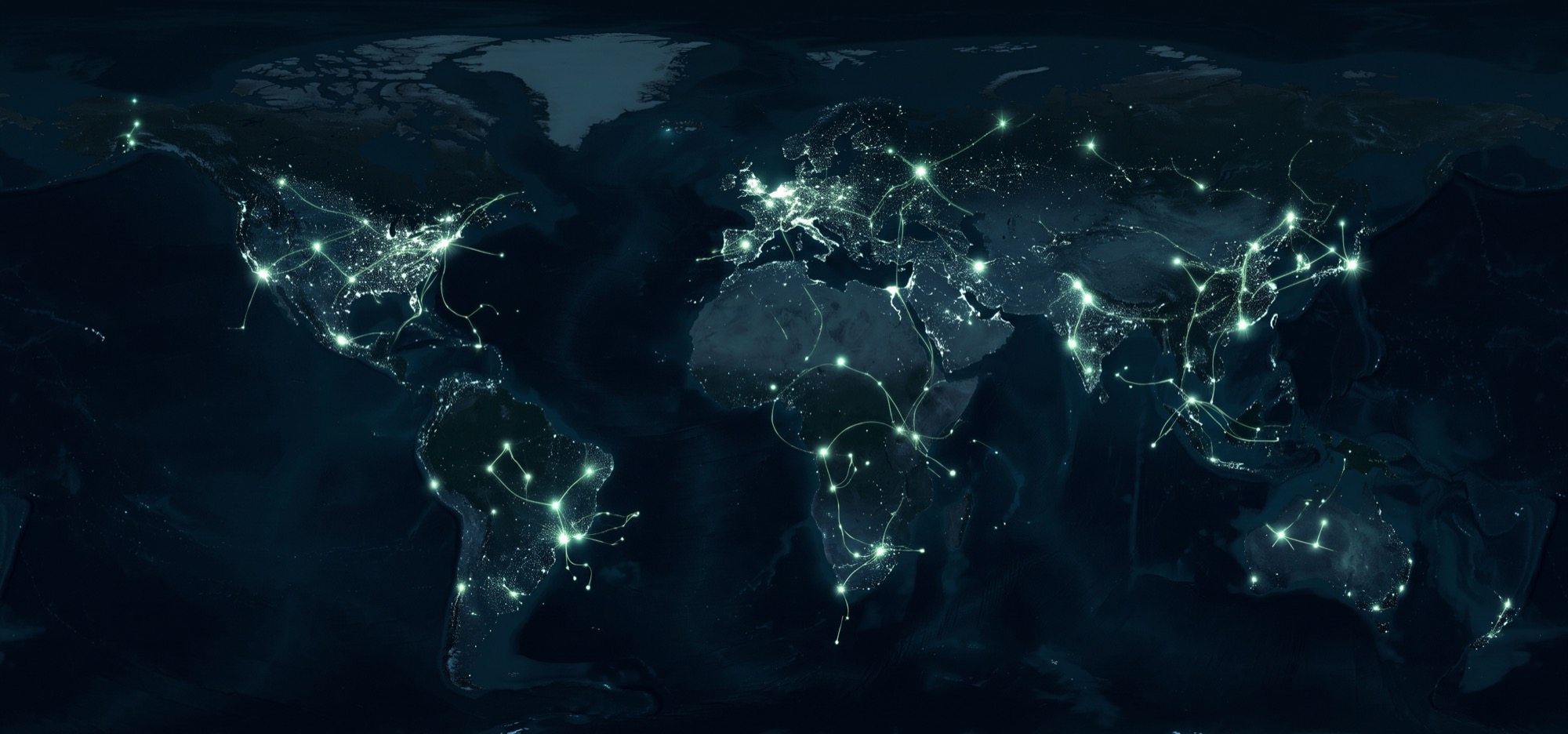 A world map at night, glowing points connected by green threads.